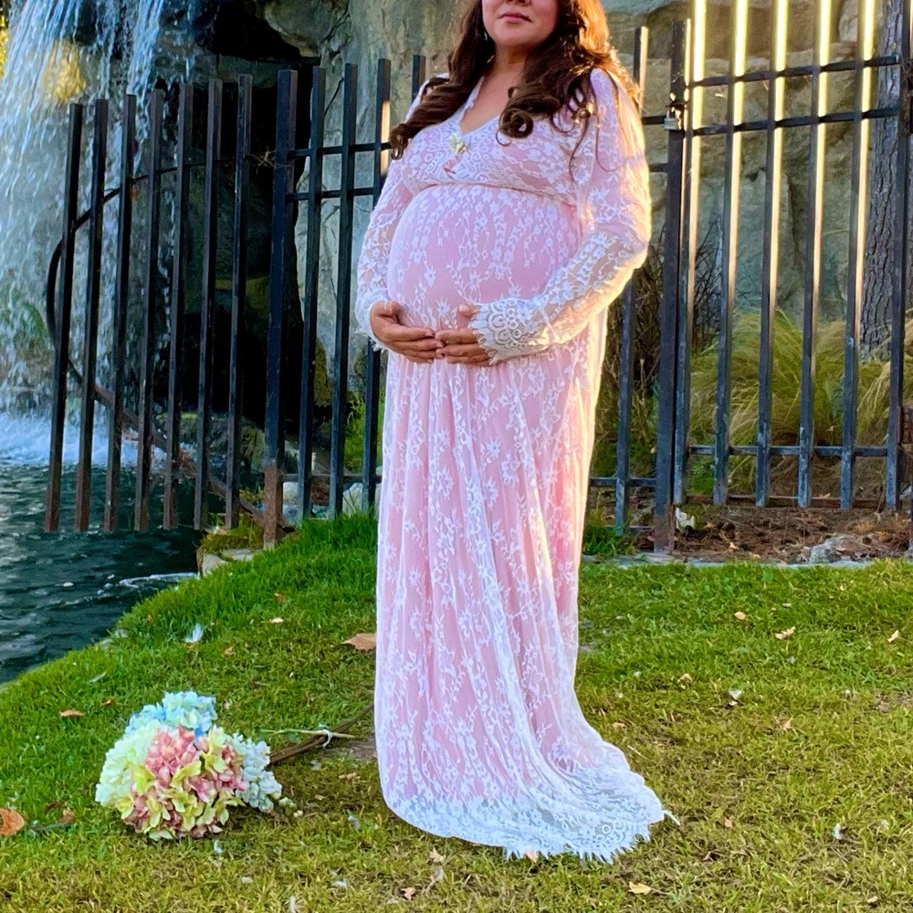 Motherhood Maternity Pink and White Lace Long Sleeve Dress